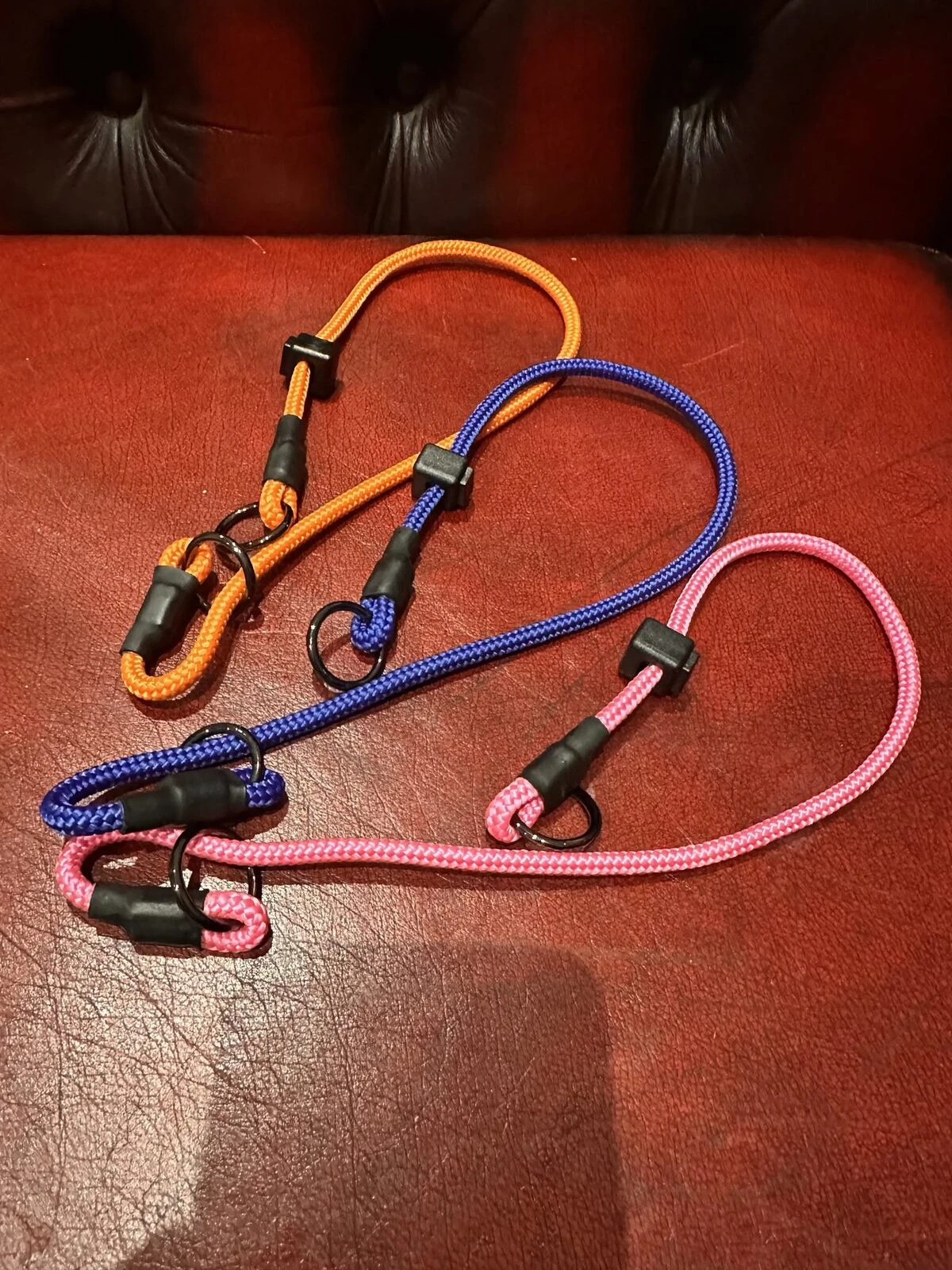 Rope slip leads in orange, blue and pink