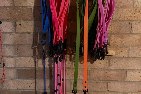 Leads in many colours hanging on a brick wall